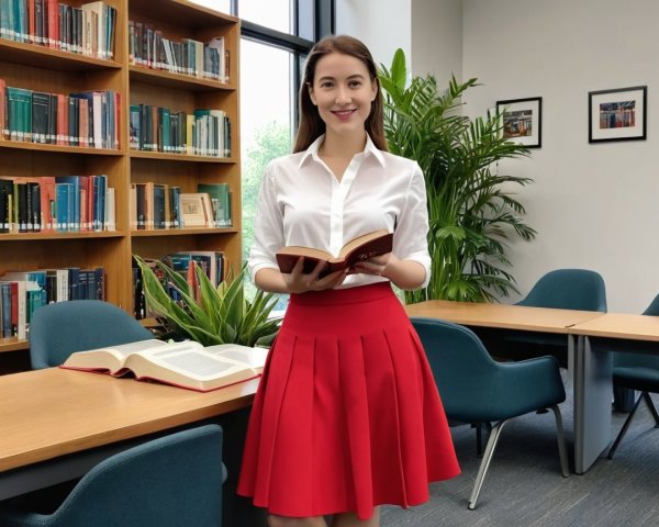 Young woman in library with book and colorful shelves