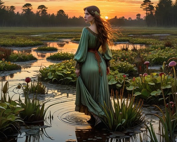 Young Woman in Green Gown at Sunset in Marsh