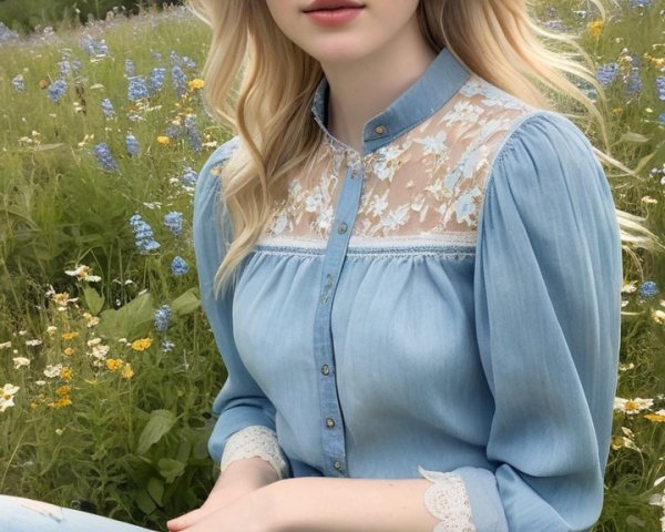 Young woman in wildflower field with blue shirt and jeans