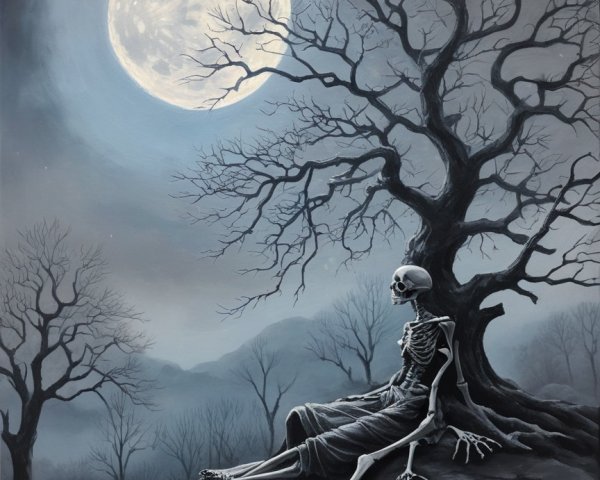 Monochromatic Painting of Skeleton Under Full Moon