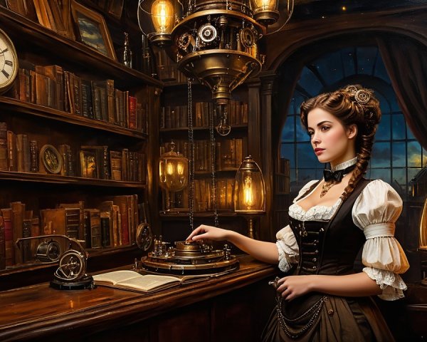 Victorian Library Scene with Antique Gramophone and Books