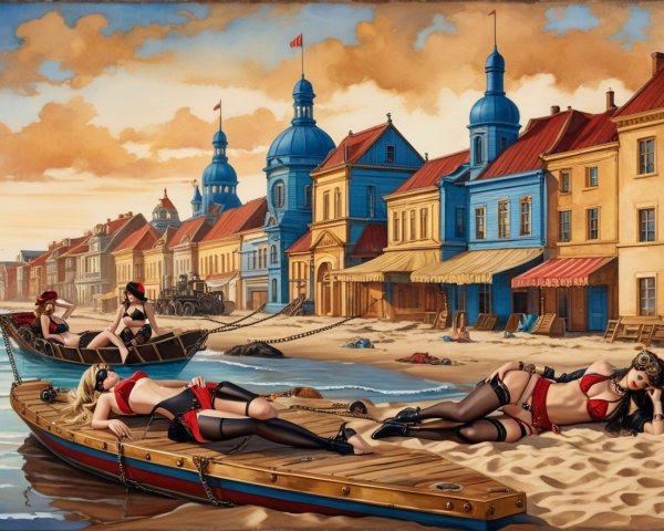Vibrant Seaside Scene with Vintage-Inspired Women
