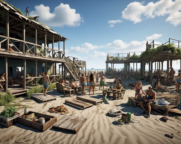Vibrant Beach Scene with People and Wooden Structures