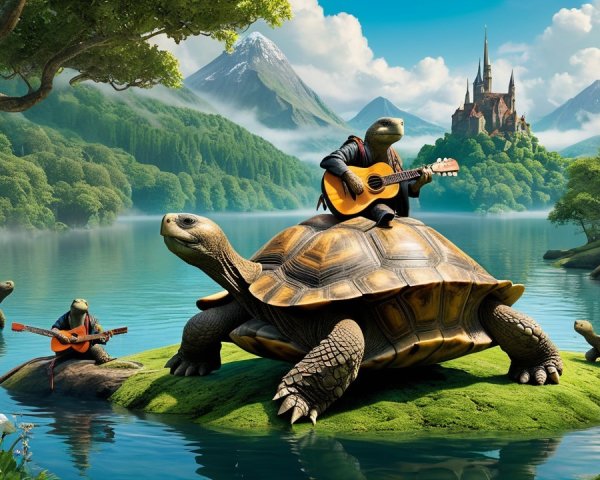 Turtles Playing Music on an Island in a Tranquil Lake