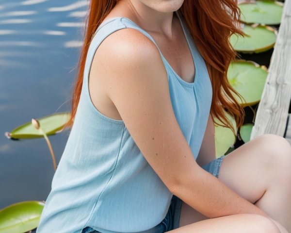 Young woman by water with red hair and blue eyes