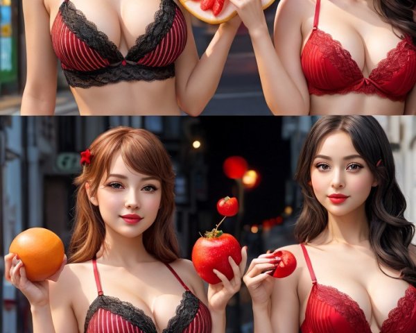 Women in Stylish Lingerie with Fruits in Urban Setting