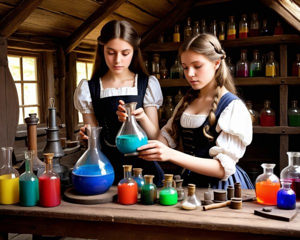 Young Women Mixing Colorful Liquids in Apothecary