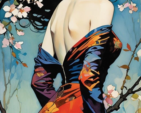 Elegant Woman in Floral Dress with Cherry Blossoms