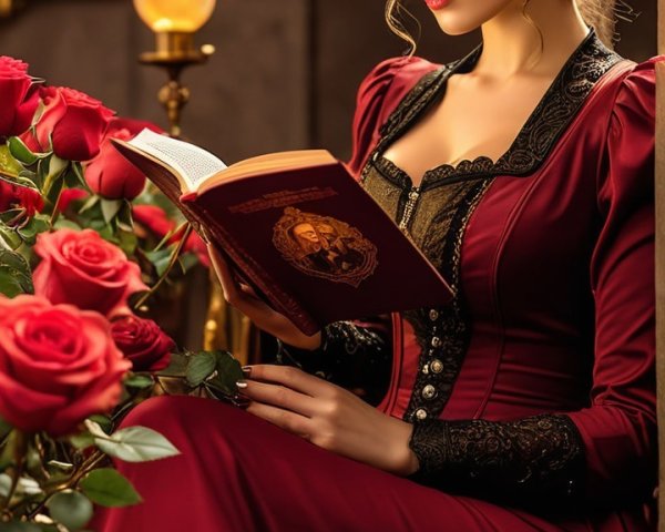 Elegant woman in red gown reading in decorated room