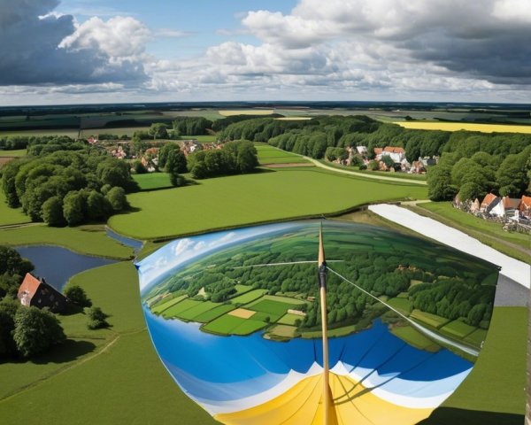 Reflective Umbrella Installation Overlooking Green Landscape