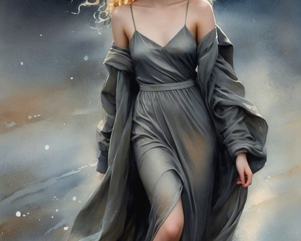 Graceful figure in flowing gray dress by shimmering water