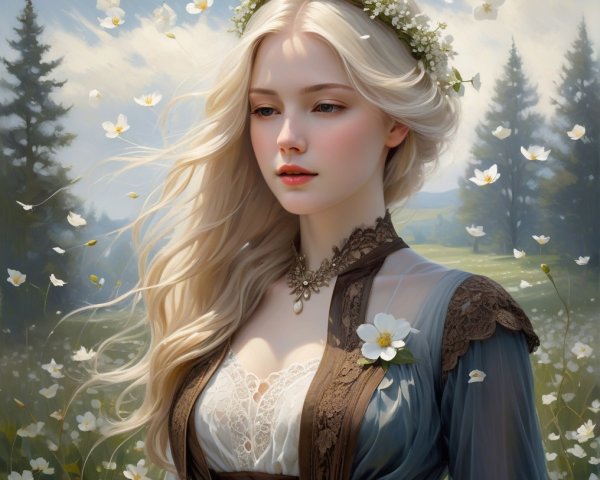 Serene Young Woman in Floral Crown and Elegant Outfit