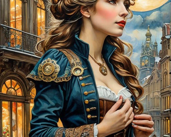 Steampunk Woman in Detailed Digital Painting at Dusk