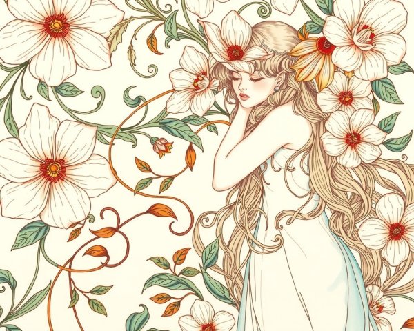 Whimsical Illustration of a Serene Young Woman in Nature