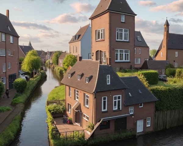 Serene Canal with Charming Houses and Lush Greenery