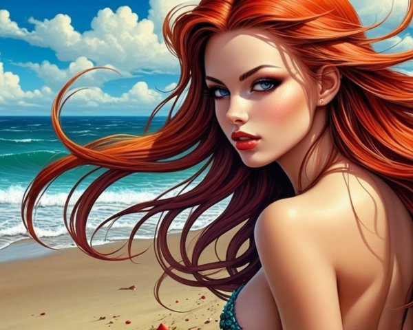 Woman with Red Hair at Beach Under Blue Sky