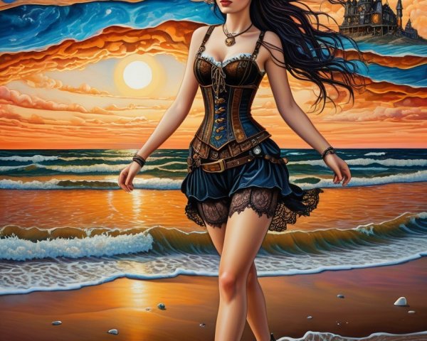 Young Woman on Beach at Sunset with Castle Silhouette