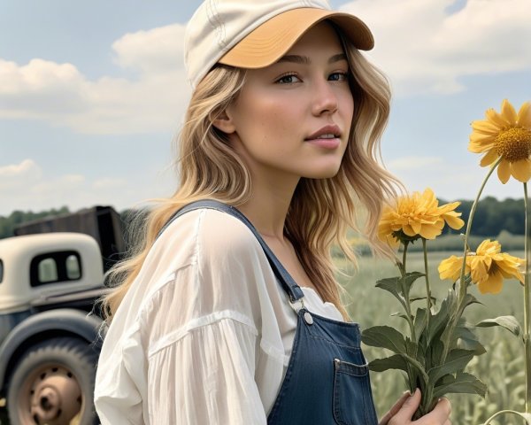 Young Woman in Sunflower Field with Rustic Truck