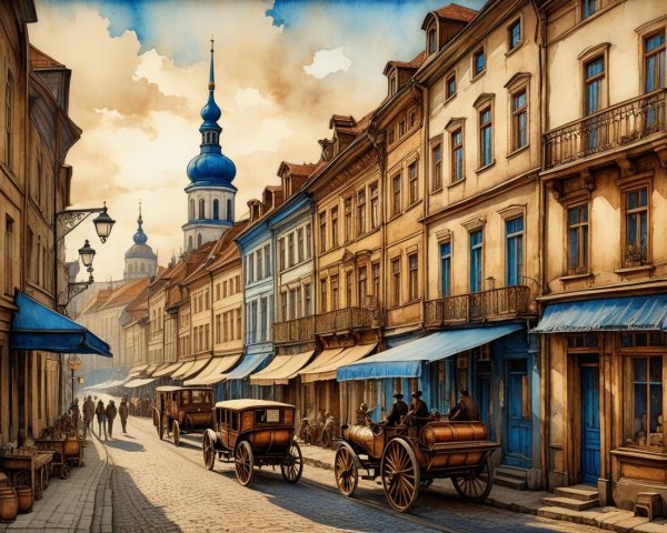 Vintage Street Scene with Cobblestones and Carriages