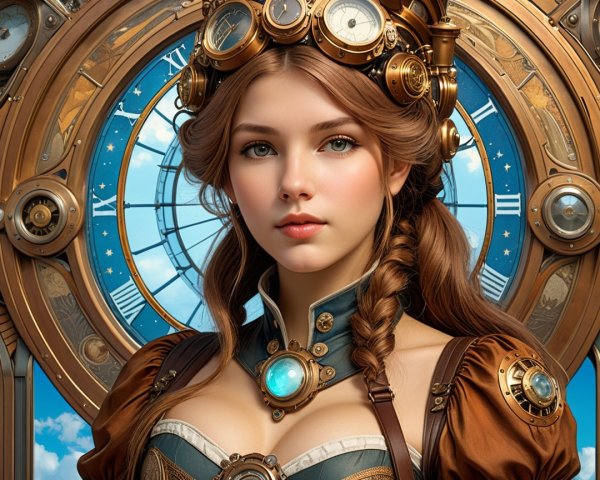 Young woman in steampunk outfit with clockwork backdrop