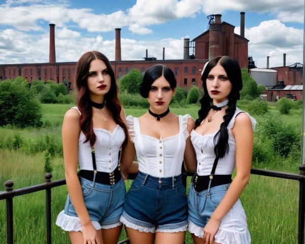 Young Women in Chic Outfits in Lush Green Field