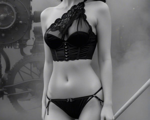 Monochromatic Image of Woman in Lace and Steampunk Setting