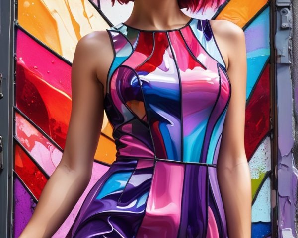Stylish Woman in Vibrant Multicolored Dress and Hair
