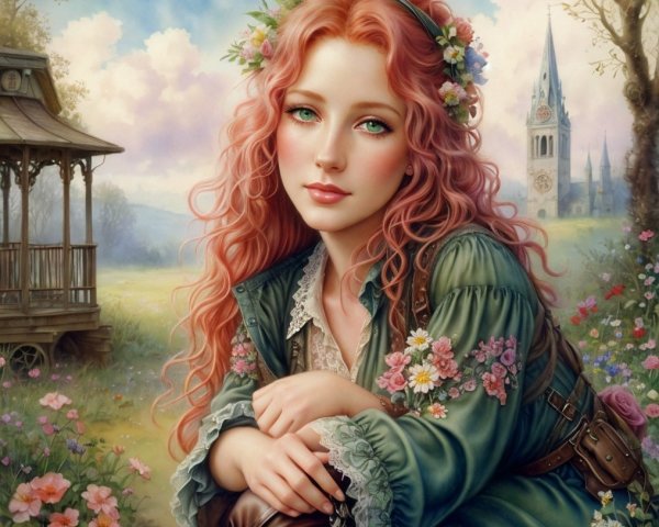 Young woman in floral crown amid serene landscape