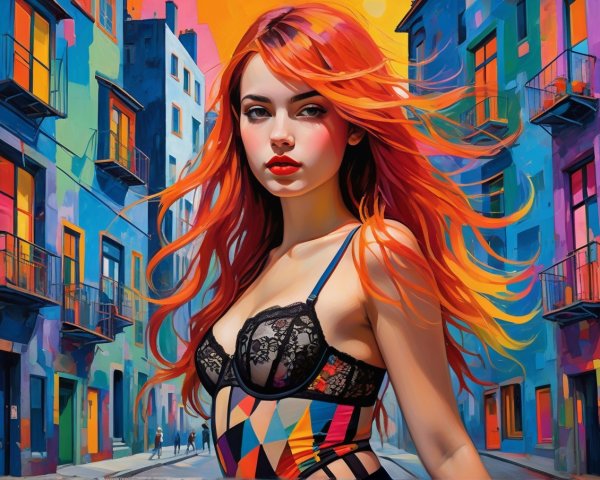 Vibrant street scene with a young woman in bold attire