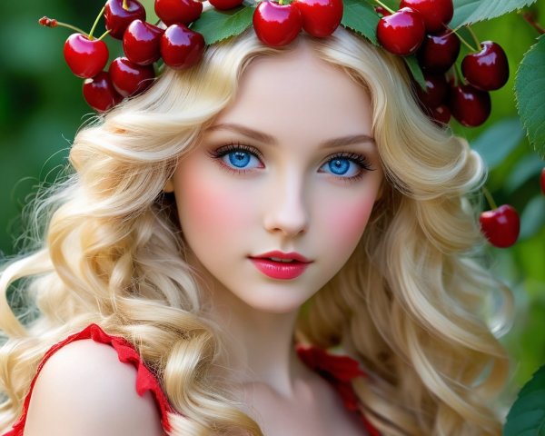 Young Woman with Cherry Crown and Lush Greenery