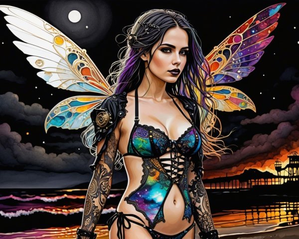 Fantasy Figure with Colorful Wings at Twilight Beach