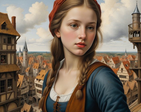 Portrait of a Young Woman in Medieval Cityscape