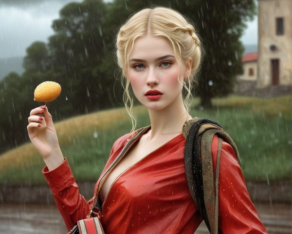 Young woman in red blouse outdoors in the rain