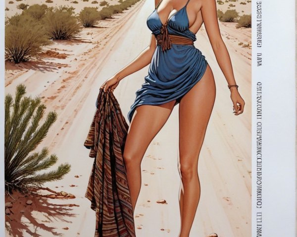 Woman in blue dress on desert road with buttes