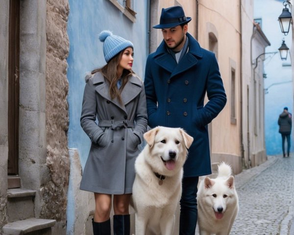 Stylish Couple with Dogs on Cobblestone Street
