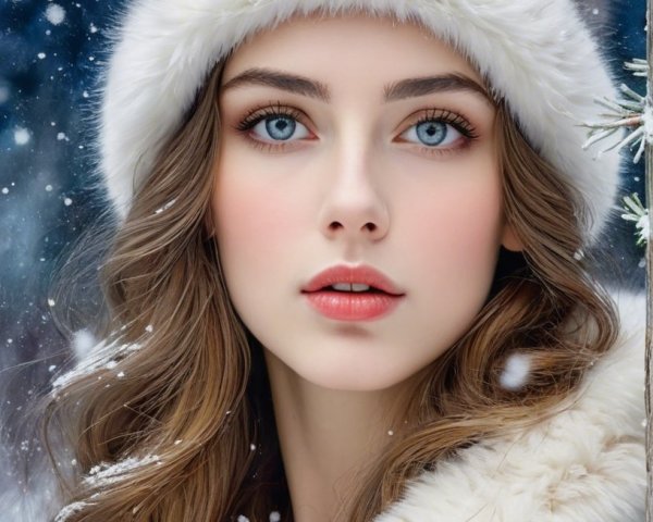 Close-up Portrait of Woman in Winter Scene with Snow