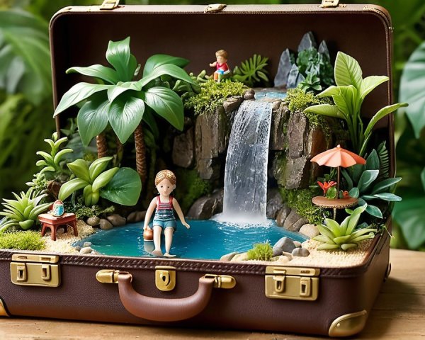 Miniature Diorama of Tropical Scene in Vintage Suitcase