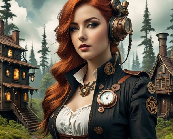 Steampunk Woman in Red Hair and Victorian Setting