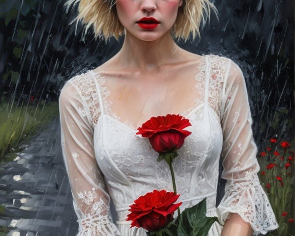 Young woman in sheer dress holding roses in rain