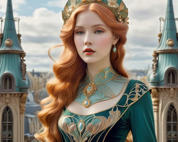 Young Woman in Teal Gown with Regal Background