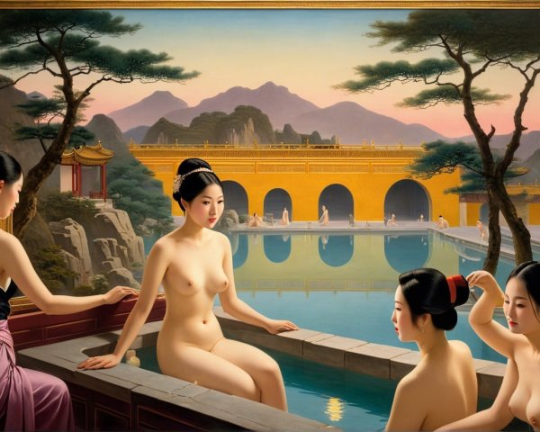 Asian Women Relaxing in Luxurious Outdoor Hot Tub