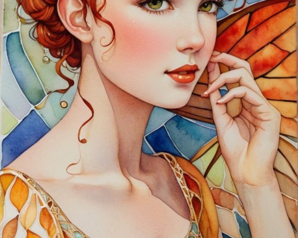 Young woman with red curls and stained glass background