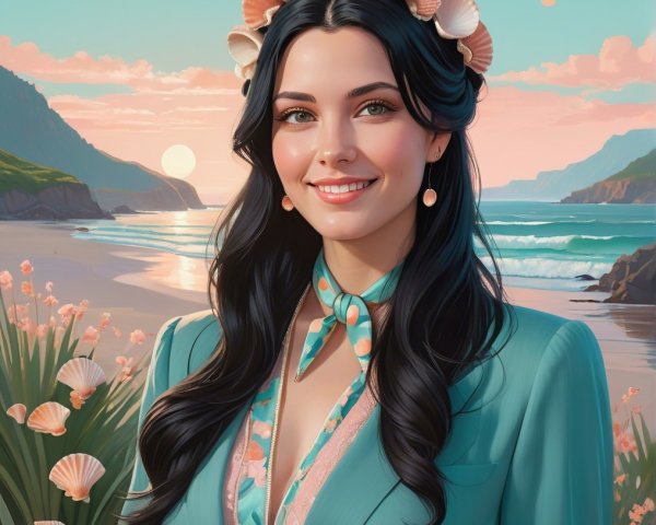 Young woman in teal outfit at serene beach sunset