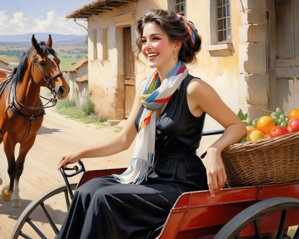 Young woman in black dress with fruits in rural scene