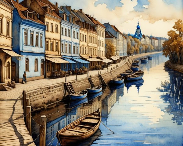 Serene Riverside Scene with Colorful Buildings and Boats