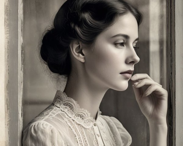 Vintage Portrait of a Thoughtful Young Woman by Window
