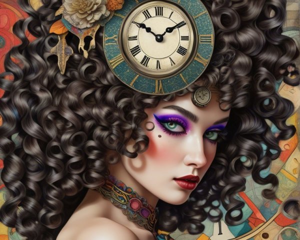 Woman with Curly Hair, Flowers, and Vintage Clock