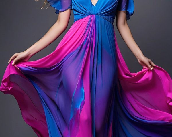 Model in Vibrant Blue to Pink Flowing Gown
