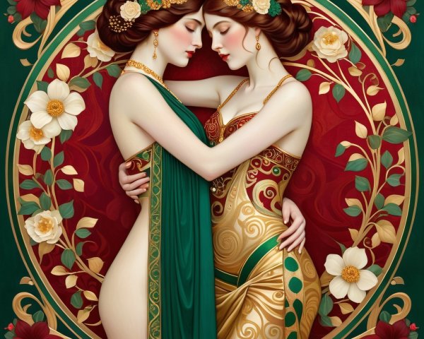 Elegant Embrace of Two Women in Floral Motif