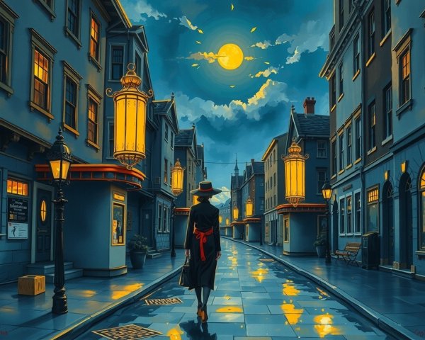 Moonlit street scene with charming buildings and figure